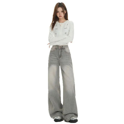 Gray American High Street Wide Leg Jeans Women Loose Drapey Slim Straight Floor-Length Pants High Waist Button Decoration