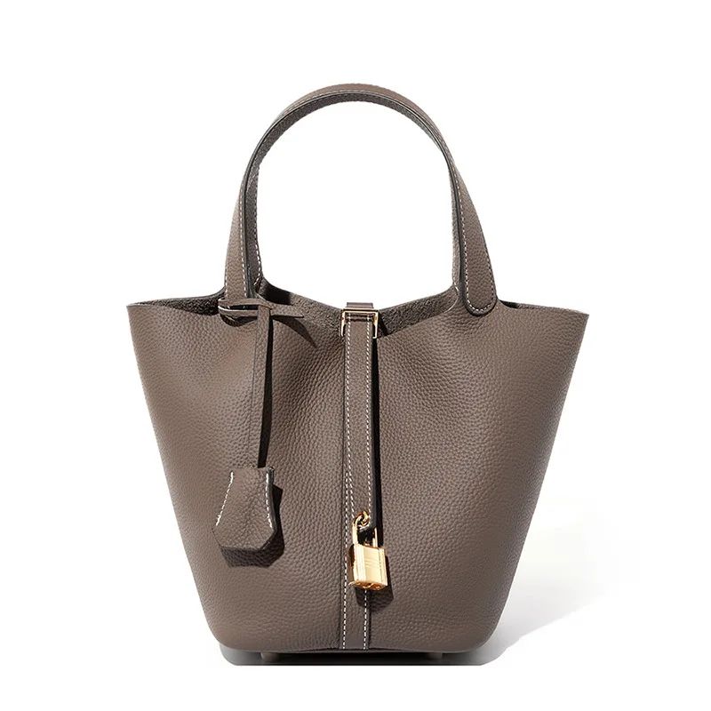 Genuine Leather Shoulder Bucket Bag Women Litchi Pattern Mini Basket Tote Soft Handbag Mommy Bride Wedding Bags with Lock