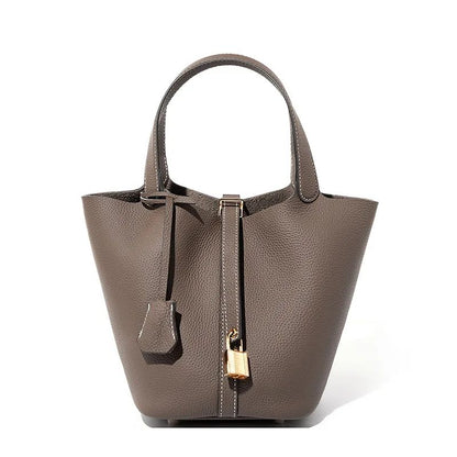 Genuine Leather Shoulder Bucket Bag Women Litchi Pattern Mini Basket Tote Soft Handbag Mommy Bride Wedding Bags with Lock