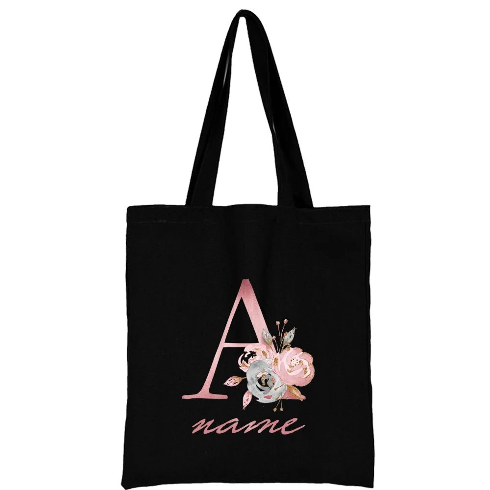 Custom Free Name Canvas Bags Women Shoulder Bag Handbags Pink Letter Beach Bags Tote Casual Woman Grocery Eco Shopping Bag