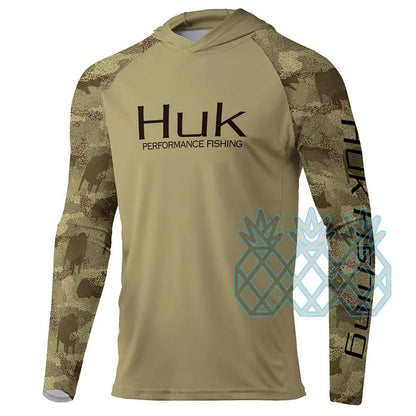 Camisas de Pesca HUK Masculina de Desempenho Manga Longa Moletom com Capuz UPF 50+ Blusas de Pesca Esportes ao Ar Livre Proteção UV Respirável Roupa de Pesca