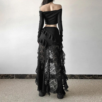 Sexy High Waist Lace Ruffles Skirts Women 2025 Spring Irregular Y2k Skirts Women Fashion Black Patchwork Party Clubwear Gothic