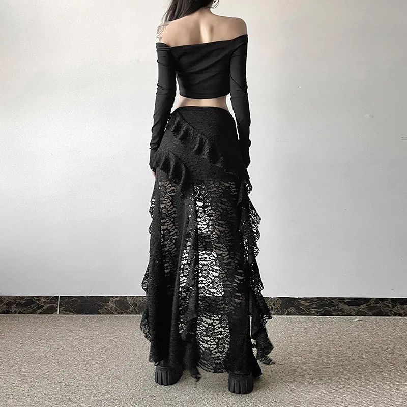 Sexy High Waist Lace Ruffles Skirts Women 2025 Spring Irregular Y2k Skirts Women Fashion Black Patchwork Party Clubwear Gothic