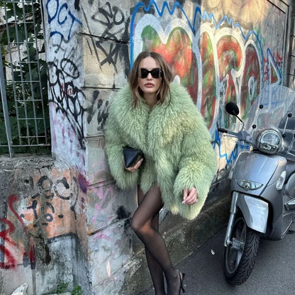 Solid Fashion Fake Fur Coat Women Chic Fluffy Warm Long Sleeve Loose Short Jacket Luxury 2025 Winter Lady Daily Street Outerwear