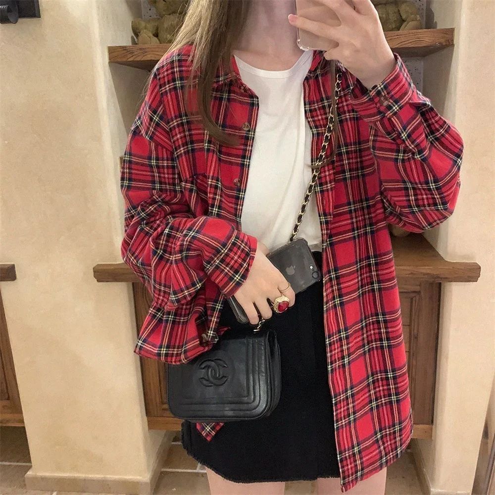 Scottish Red Plaid Shirt Luxury Hong Kong Style Vintage Loose Fit Women's Button up Shirt Polo Collar Full Sleeve Slim Fit
