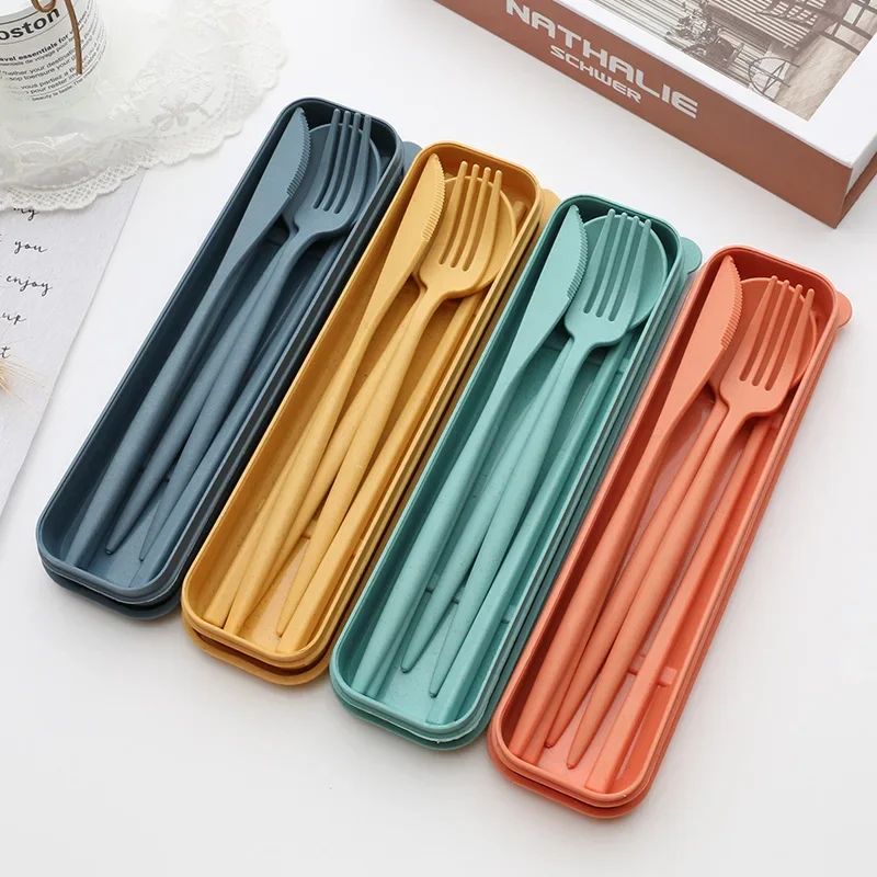 Colher Garfo Pauzinhos Talheres 1PCS/Conjunto Caixa de Louça de Palha de Trigo Jantar Crianças Adulto Viagem Portátil Acessórios de Cozinha