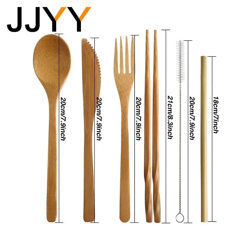 Conjunto Portátil de Talheres Reutilizáveis de Bambu Garfo Faca Colher de Madeira com Estojo de Viagem Utensílios de Cozinha Ecológicos