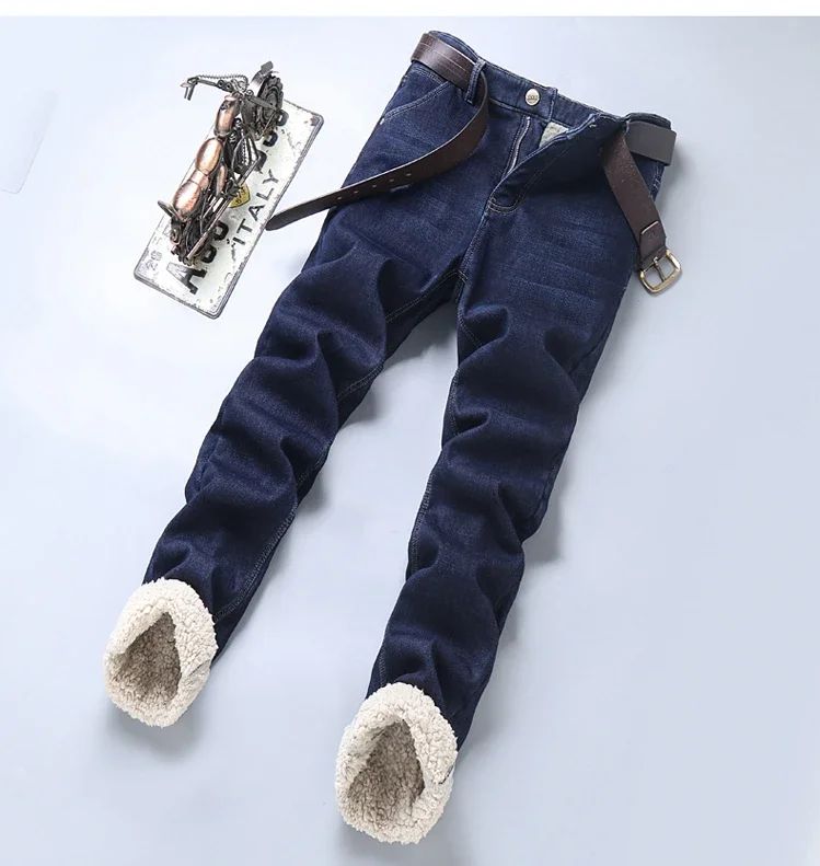 Calça Jeans Masculina de Inverno Forrada de Lã Grossa Sherpa Casual de Negócios Veludo Reta Masculina de Lã Pelúcia Clássica Elástica