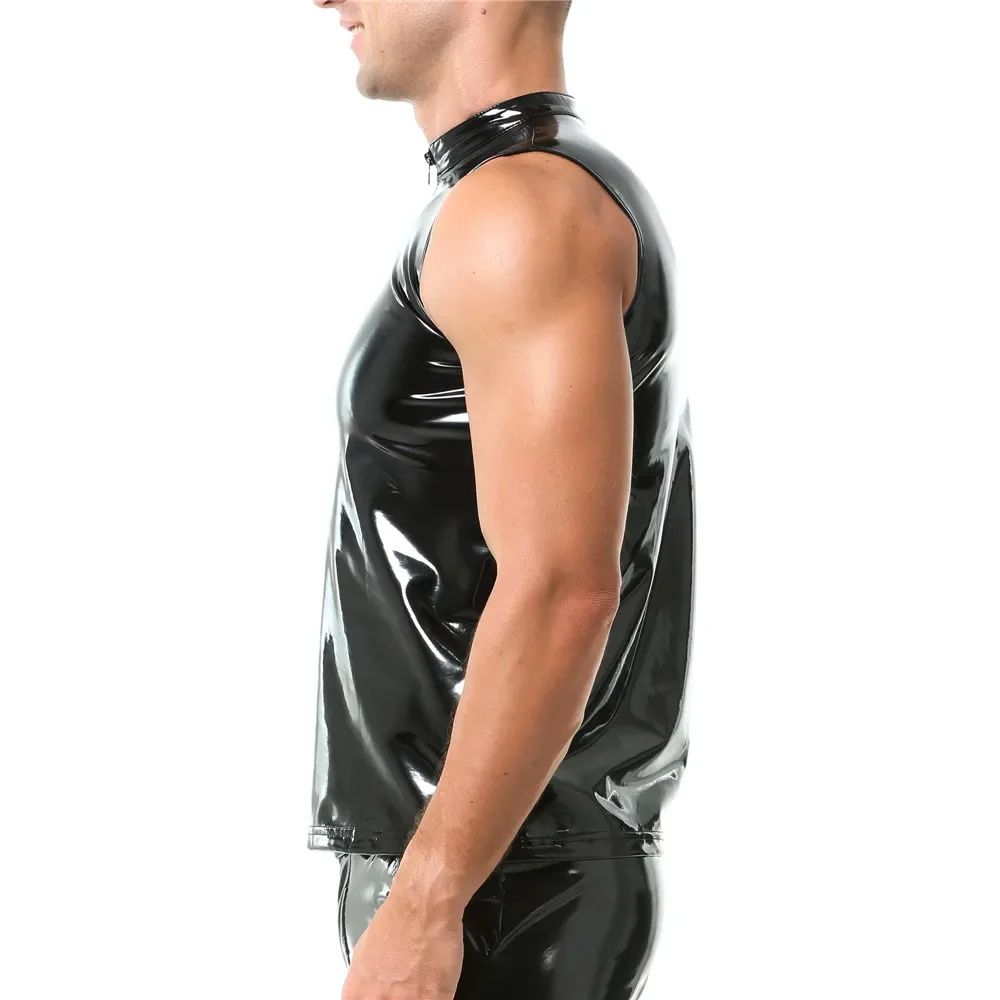 Mens Sexy Shiny PVC Leather Tank Top Vest Erotic Glossy Wet Look Leather T-Shirt Sleeveless Shaping Tank Top Vest Night Clubwear