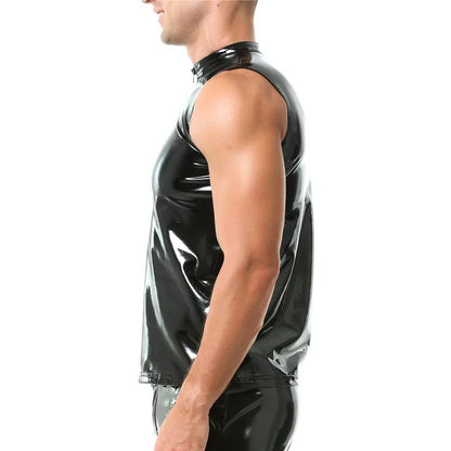 Mens Sexy Shiny PVC Leather Tank Top Vest Erotic Glossy Wet Look Leather T-Shirt Sleeveless Shaping Tank Top Vest Night Clubwear