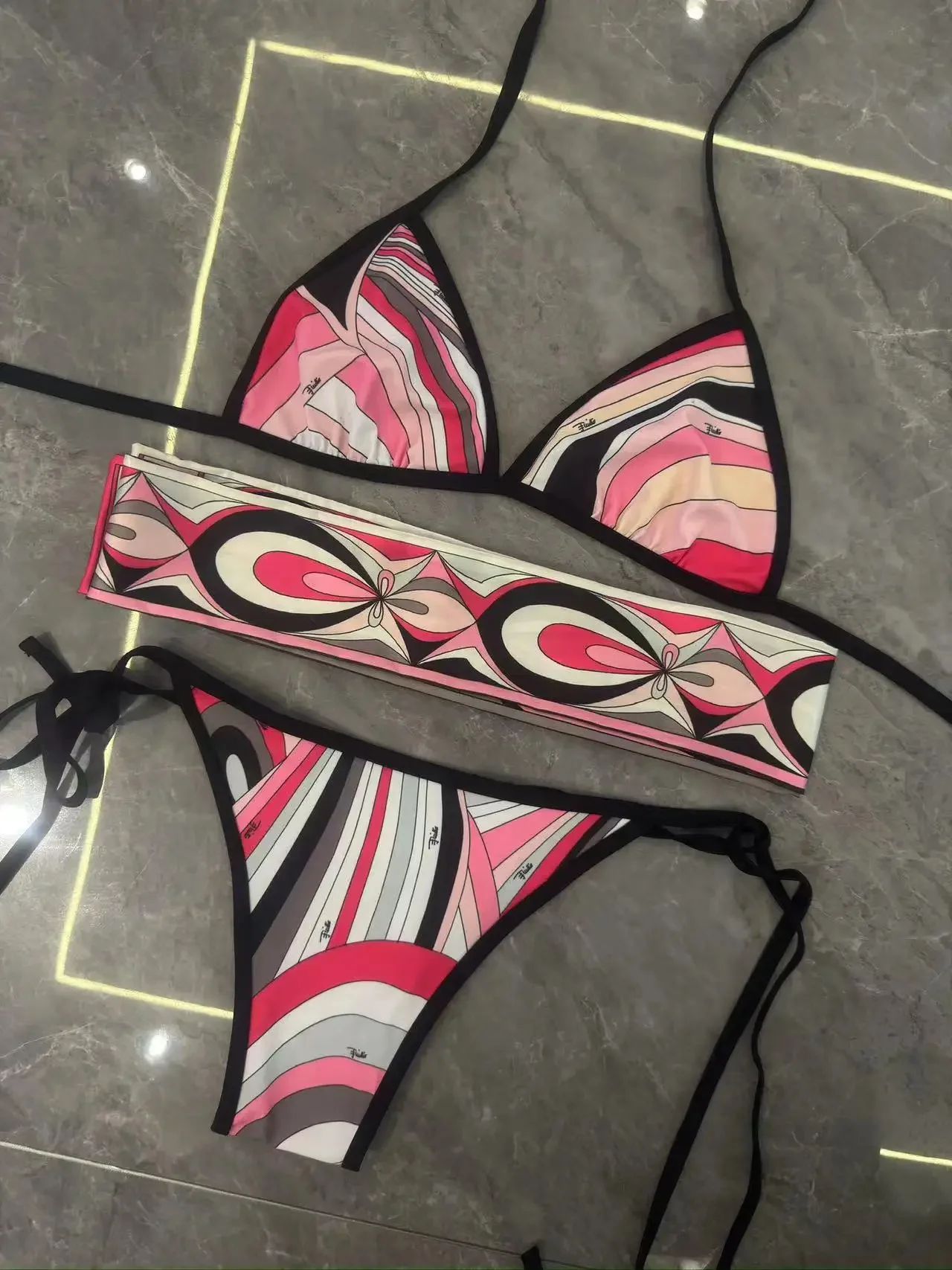 Melphieer Inspired 2025 colorful bikini women scarf swimwear sarong swimsuit headband beachwear striped bathing suit