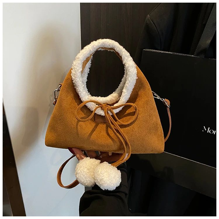 Faux Suede Solid Color Bow Hairy Cute Women's Handbags Christmas Gift Giving Fashion Bags 2025 Autumn/winter New Shoulder Bags
