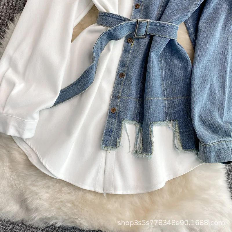 Slimming Denim Patchwork Lapel Dress Autumn Waist-fitted Medium-length Shirt