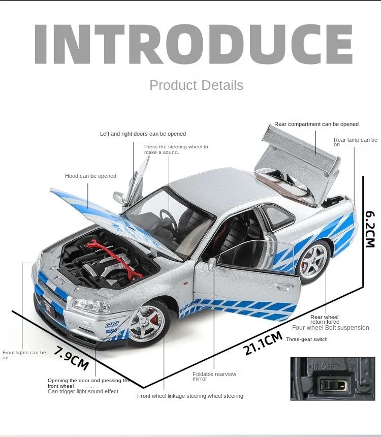 1/24 Nissan Skyline GTR-R34 Velozes e Furiosos Modelo de Carro em Liga Leve com Luz e Som Miniatura Colecionável Veículo de Brinquedo para Meninos
