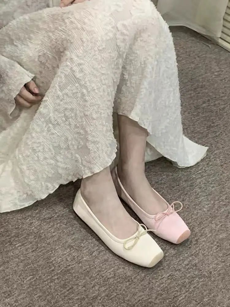 Women Flats Bow Marie Janes Shoes  New Lolita Dress Square Toe Shoes Designer Walking Sandals Female Elegant Zapatos