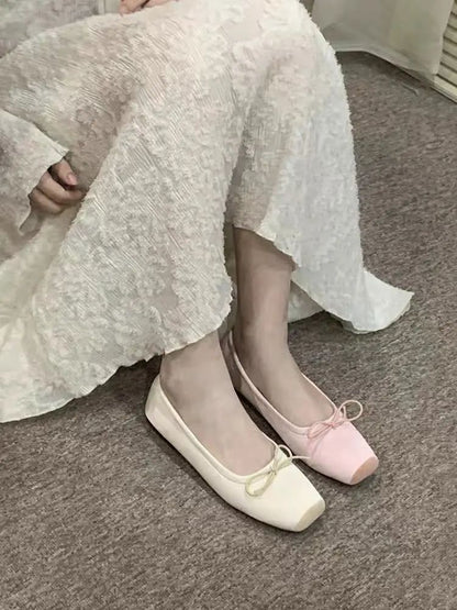 Women Flats Bow Marie Janes Shoes  New Lolita Dress Square Toe Shoes Designer Walking Sandals Female Elegant Zapatos