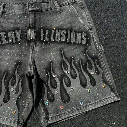 Goth Print Silk Jeans Men Shorts Street Harajuku Hiphop Vintage High Waited Denim Shorts of Men Clothing Casual Loose Pants Mens