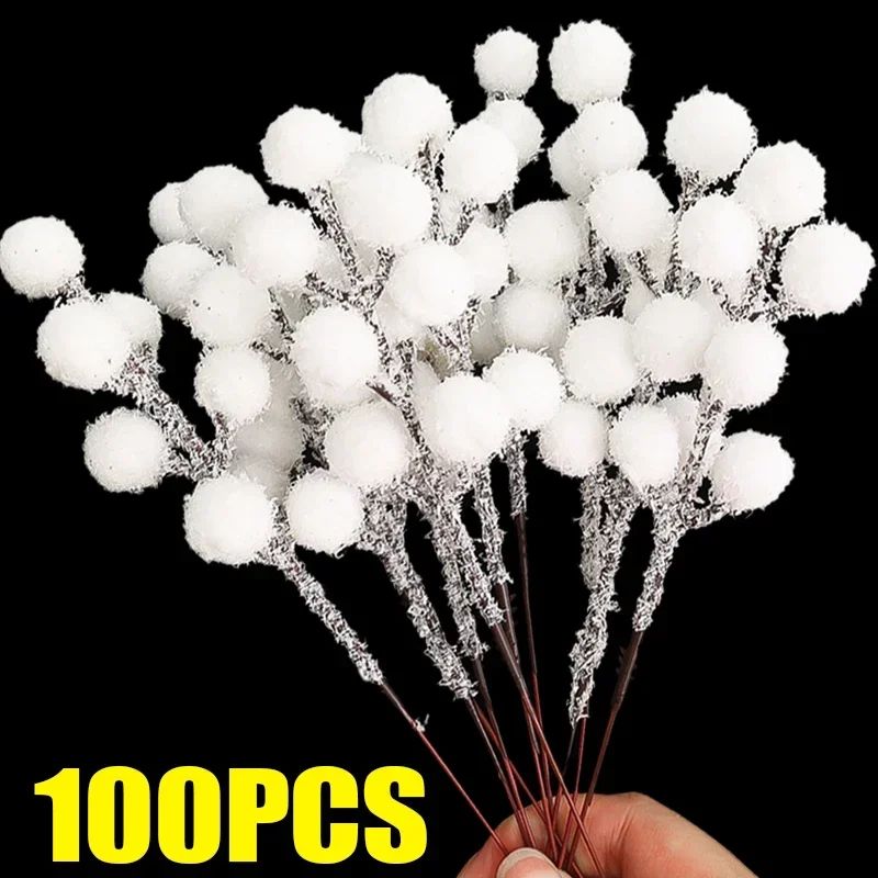5/200pcs Artificial White Berry Stem Frosted Christmas Berries Branch Snow Tipped Stems Twigs Wreath Xmas Tree Fillers Ornament