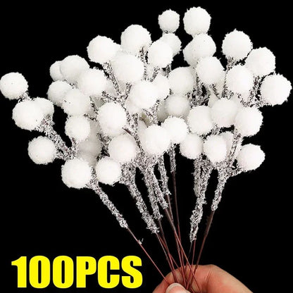 5/200pcs Artificial White Berry Stem Frosted Christmas Berries Branch Snow Tipped Stems Twigs Wreath Xmas Tree Fillers Ornament