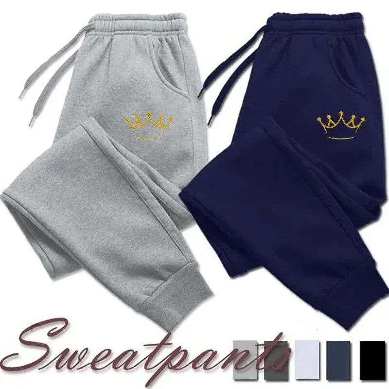 Calça Masculina Estampada Coroa Dourada Outono E Inverno Moletom Com Fleece Calça Masculina Casual Com Cordão Calça Esportiva De Jogging