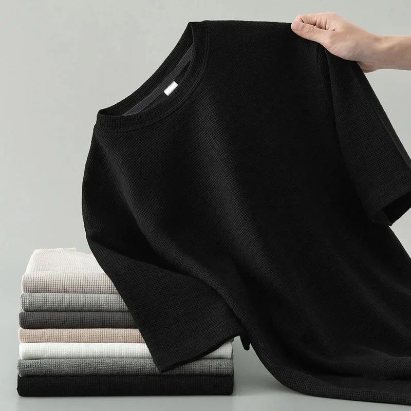 Korean Style Men Summer T-Shirt Man Short Sleeved Waffle Solid T-Shirt Color Casual Tee Round Men's Round Neck Fashion Top