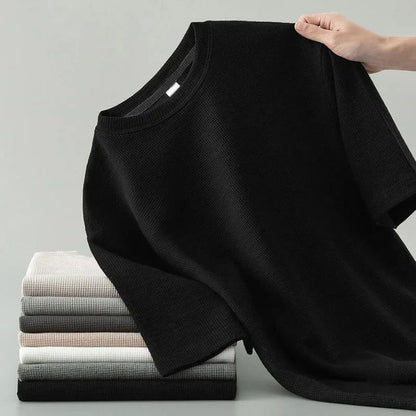 Korean Style Men Summer T-Shirt Man Short Sleeved Waffle Solid T-Shirt Color Casual Tee Round Men's Round Neck Fashion Top