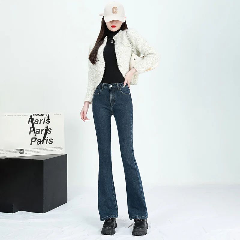 Winter Female Thin Snow Warm Plush Jeans Lady Chic Fleece Flared Pants Girls Korean High Waist Straight Leg Denim Trousers