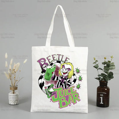 Beetlejuice Horror Gift Shopping Bag Print Original Design White Unisex Fashion Travel Canvas Bags