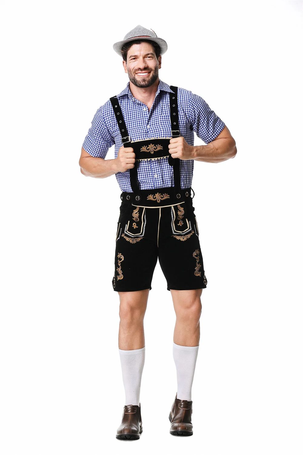 Bavarian Octoberfest German Beer Costume Male Oktoberfest Lederhosen Costume Beer Shirt Suspender Shorts Hat Cosplay Costumes