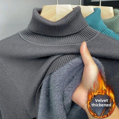 Men‘s Thermal Fleece High-neck Sweater Winter Turn-down Collar Fleece-lined Knitted Pullover Casual Keep Warm Thick Bottom Tops