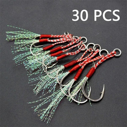 10/30/50Pcs Jigging Pesca Cast Jigs Anzol Auxiliar Farpa Anzol Simples com Rosca Pena Pesca Isca de Aço Carbono para Pesca