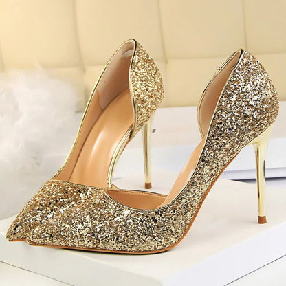 Plus Size 34-43 Women 9.5cm High Heels Stripper  Bling Glod Red Silver Scarpins Pumps Lady Stiletto Wedding Bridal Fetish Shoes