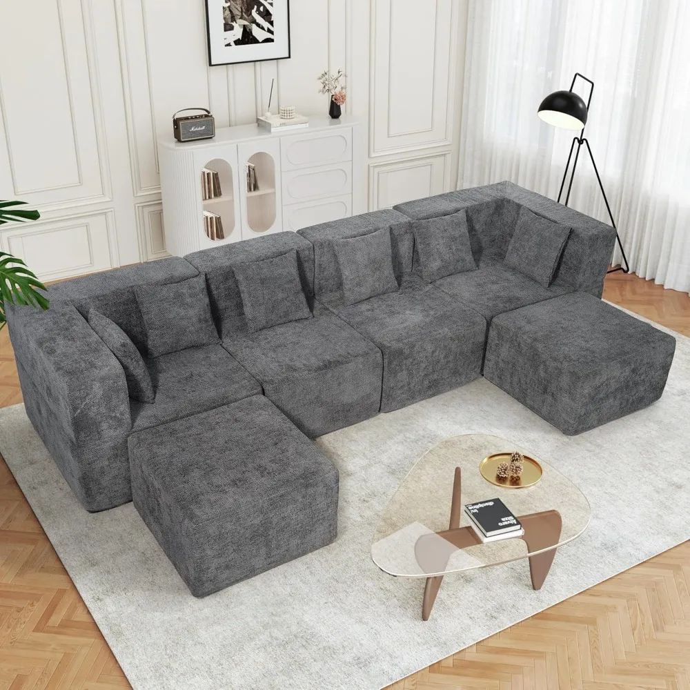Cloud Modular Sectional Couch 4 Seater Convertible Chenille Sofa Set with Ottoman 130 Inch Living Room Furniture