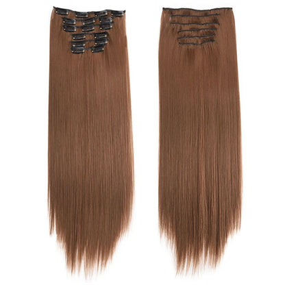 16 Presilhas em Apliques de Cabelo 60cm de Comprimento Liso Penteado Sintético Loiro Preto Perucas Resistente ao Calor Cabelo Falso 6Pçs/Conjunto