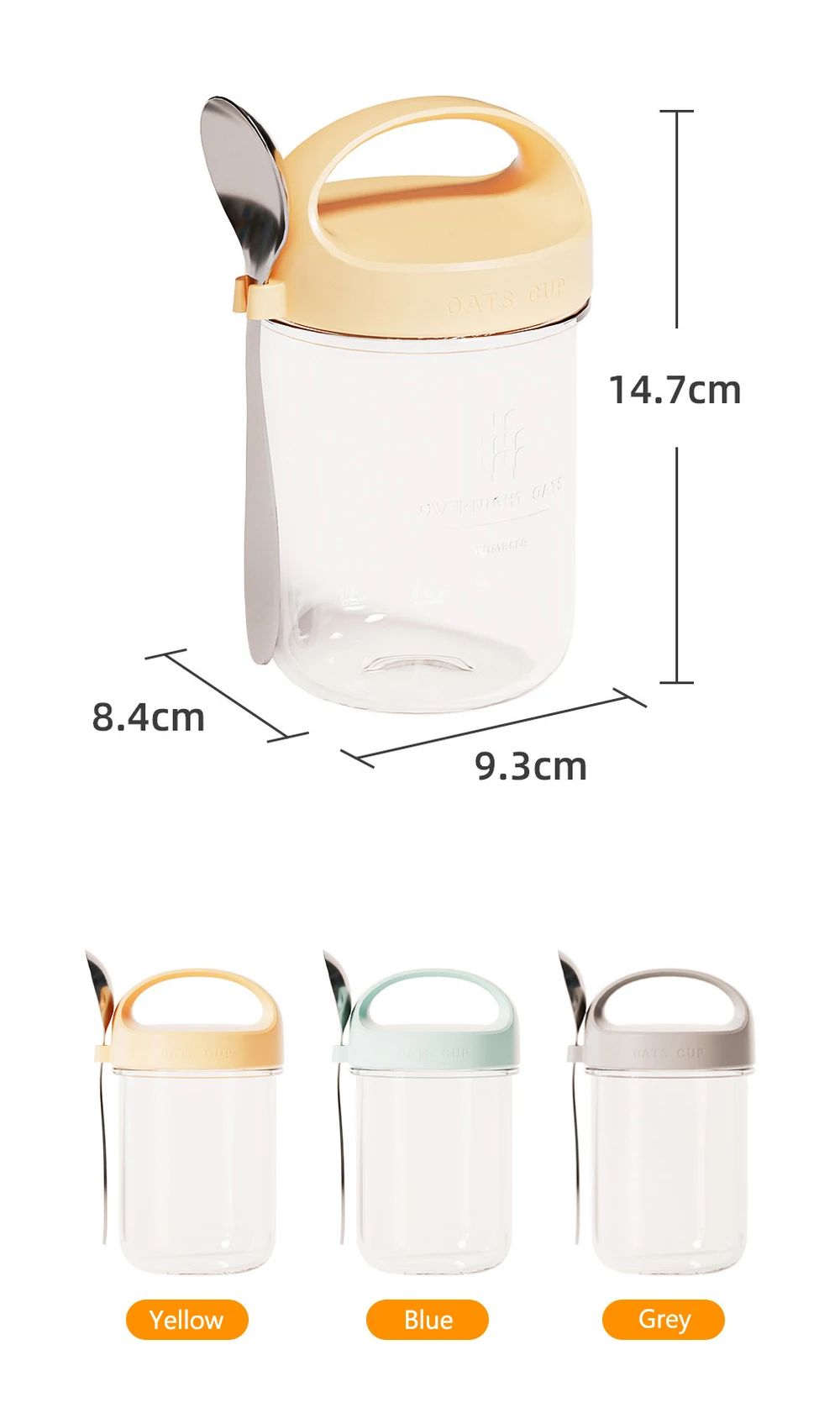 Copo de Aveia Noturna com Tampa e Colher 430ML - Vidro, Selável, Portátil, para Café da Manhã, Cereal, Leite, Salada, Iogurte - Item de Cozinha