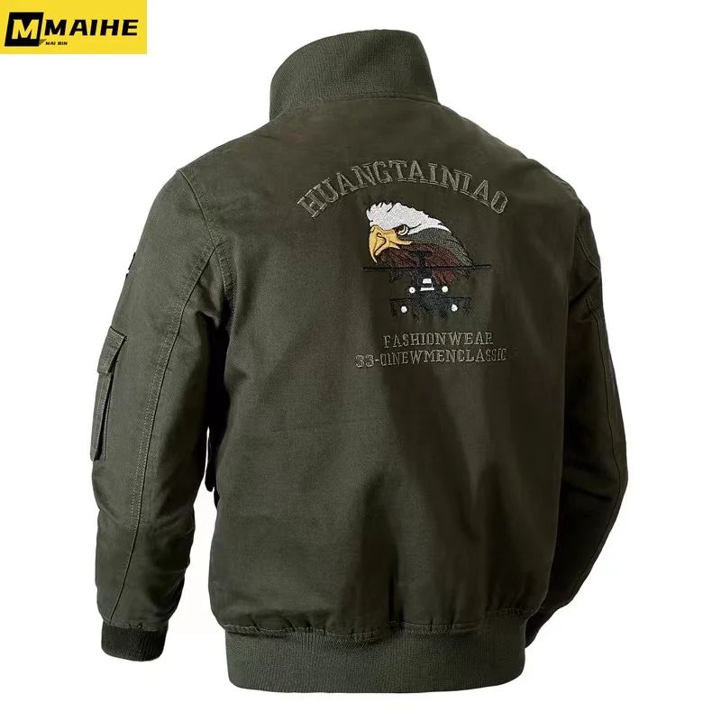 Retro Bomber Jackets Men Autumn Spring Embroidery Airplane Pilot Cargo Jackets Male Stand Collar  Embroidery Tactical Coats