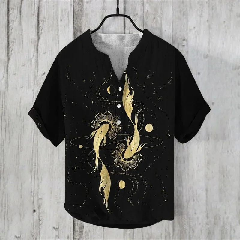 Henry men's casual fashion outdoor seaside men's tops shirt V-neck linen shirt 2024 new plus size