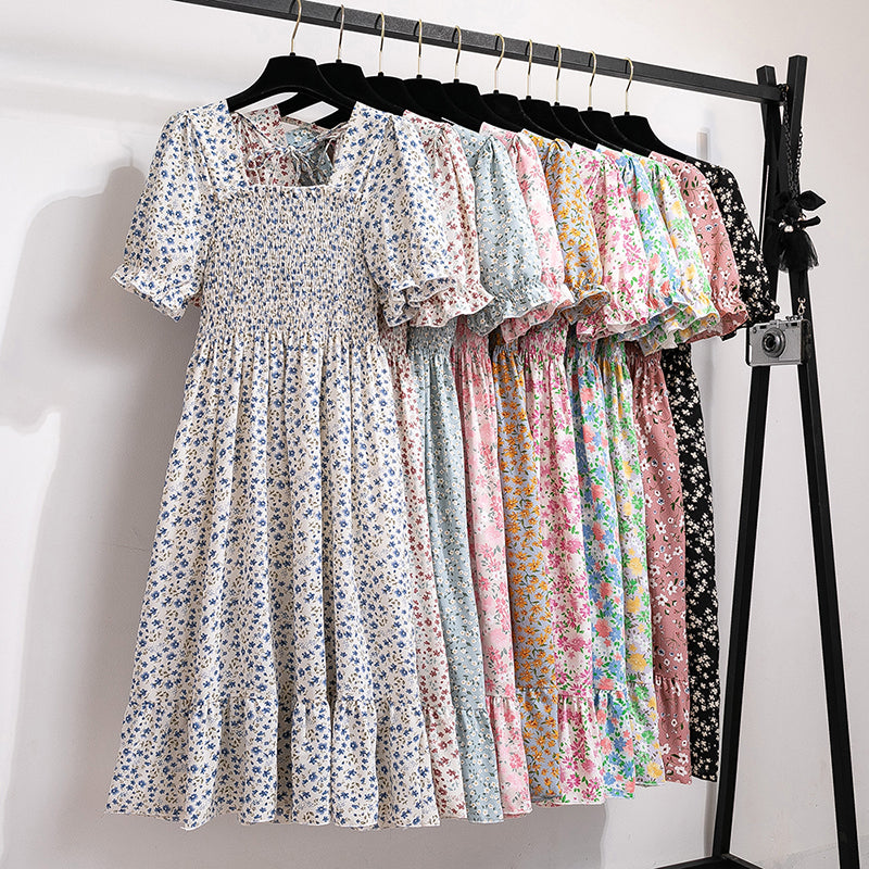 Summer Pleated Women Chiffon Dresses Casual Beach Holiday Short Sleeve Square Co