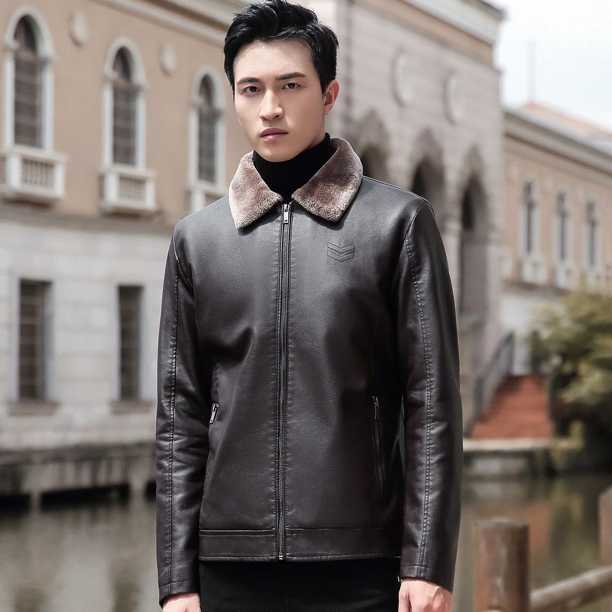 Trend Korean Slim Fit Casual Men's Leather Jacket Leather Jacket Busines Men's Fur Collar High Quality Fashion Motorcycle Jacket