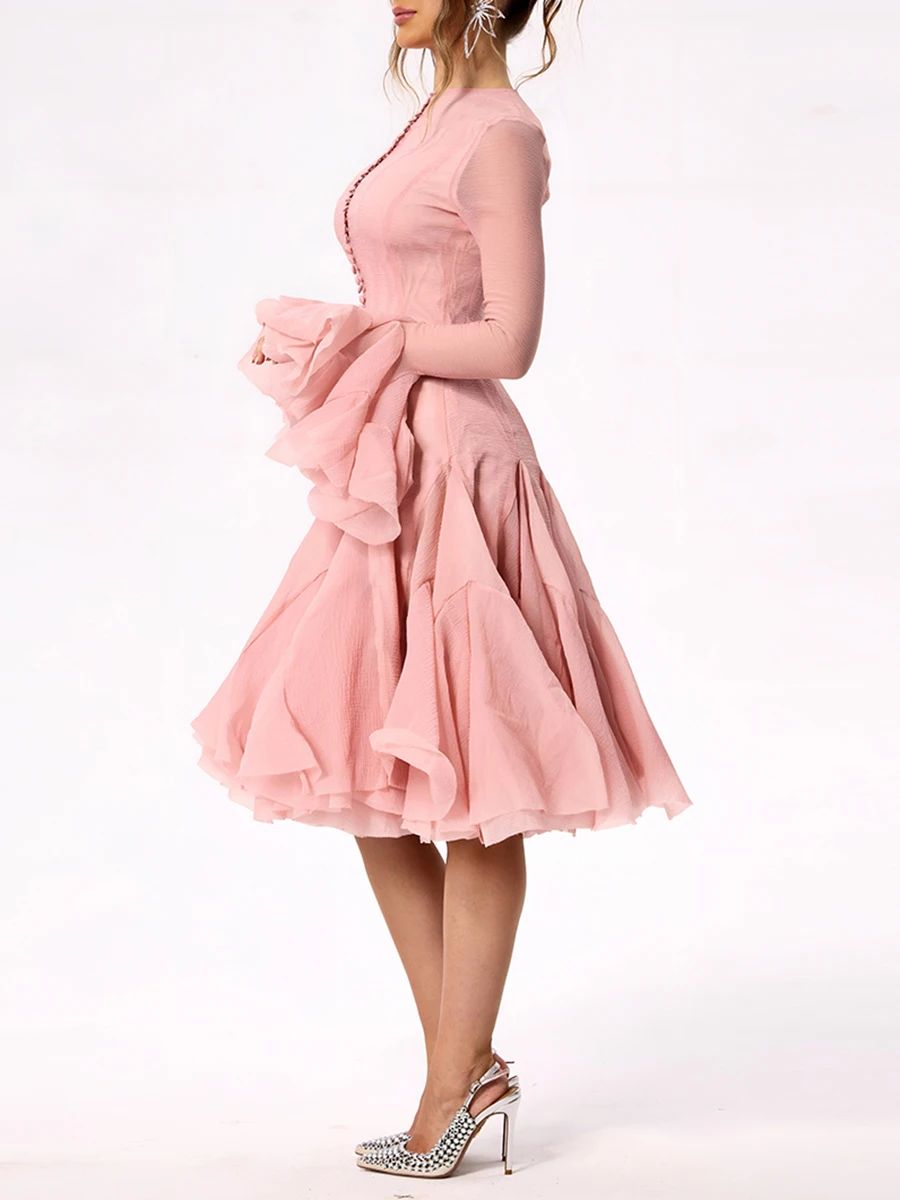 Solid Women Layered Ruffles Midi Dress Fashion Irregular Pleated A-line Long Sle