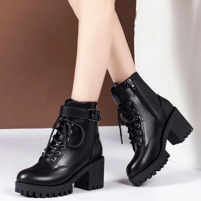 2024 Women Winter Leather Women Winter Boots Thick Wool Warm High-heeled Genuine Boot High-quality Female Snow Boots Women Shoes