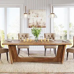 Large Rectangular Wood Dining Table for 6-8, Farmhouse Style Kitchen Table with Solid Pedestal Base