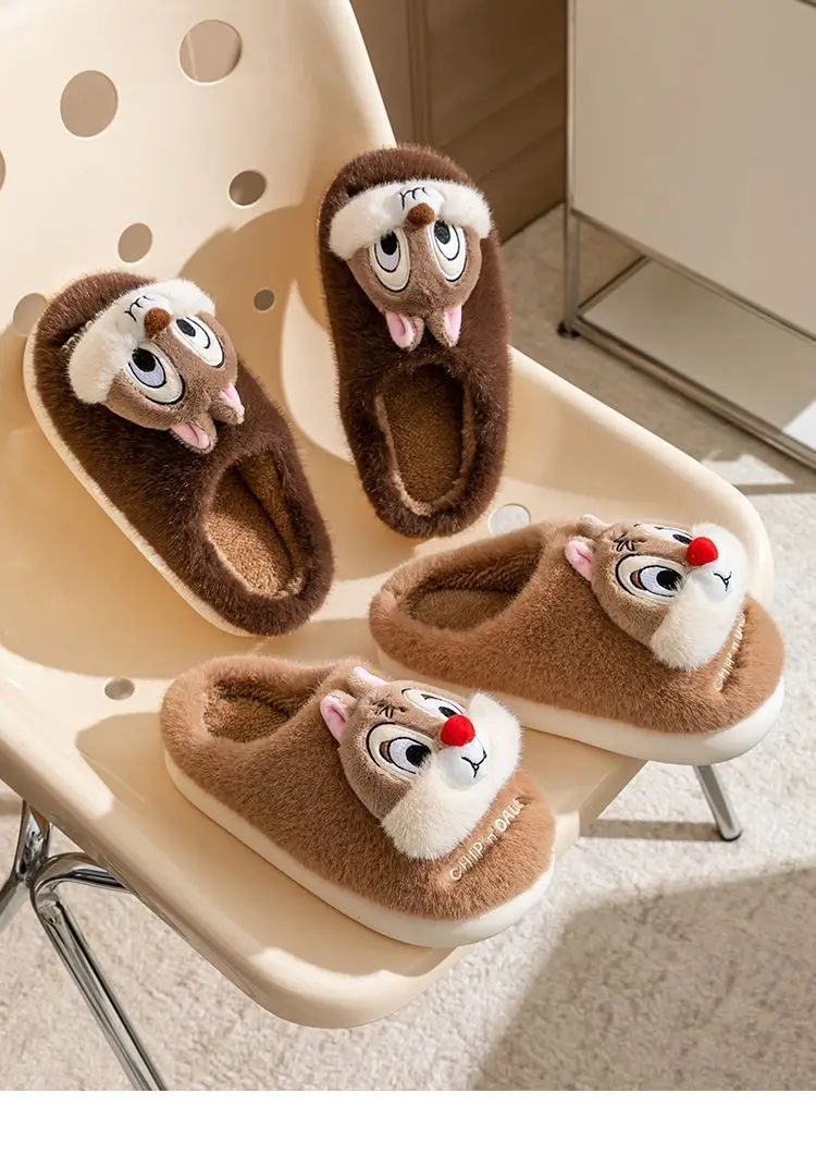 Chinelo de algodão de pelúcia com desenho animado Disney Tico e Teco, fofo, para homens e mulheres, confortável, macio, antiderrapante, resistente ao desgaste e quente para o inverno