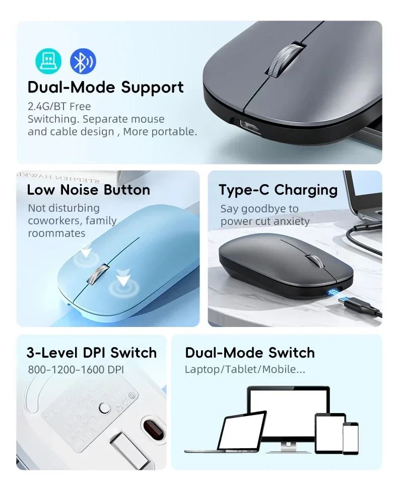 Xiaomi Wireless Mouse Bluetooth Silent 2.4G Dual-mode Type-C Charging Ergonomic Morandi Portable Laptop Office Gaming Mouse