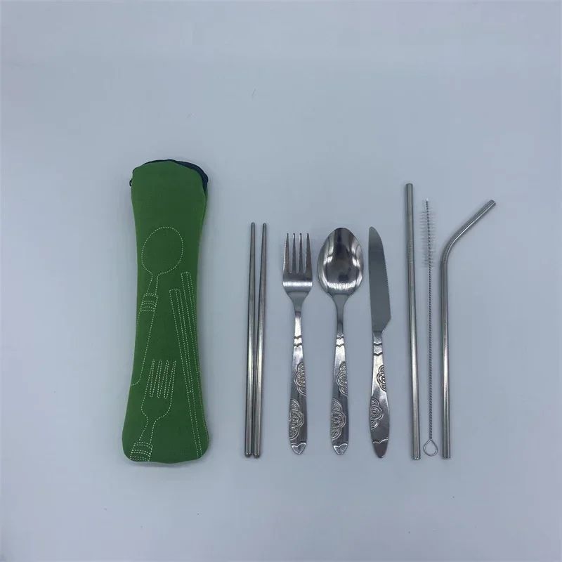 7/3 Peças Conjunto de Talheres de Aço Inoxidável para Acampamento ao Ar Livre Faca de Bife Garfo Colher para Comida Ocidental Bolsa de Pano Criativa Portátil
