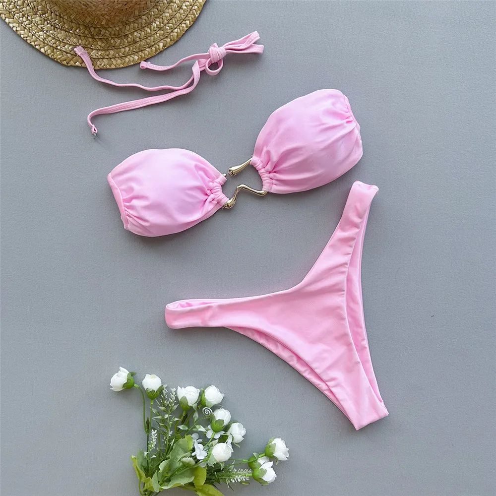 Solid Pink Bandeau Micro Bikini Thong Metal Ring Sexy Swimsuit Women Holiday Ladies Swimwear High Cut Bathing Suit Bikinis Sets