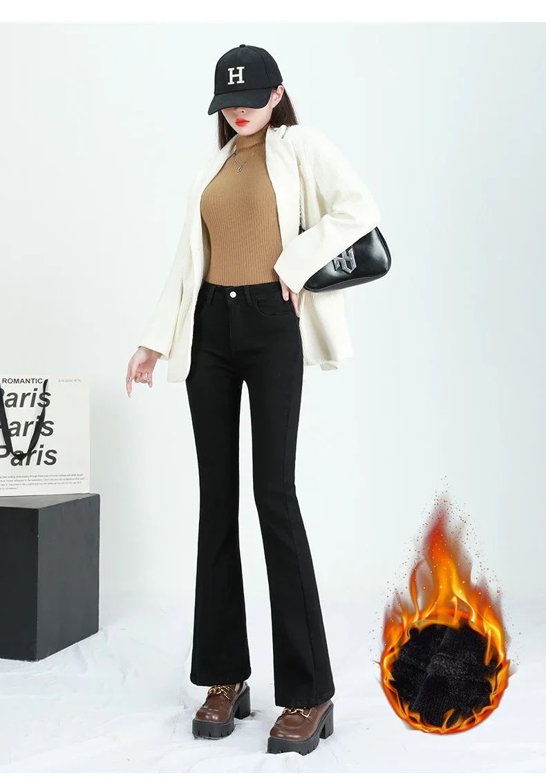 2024 Winter Fleece Women's Flare Pants Retro Slim High Waist Elastic Cotton Thick Warm Denim Pants Fashion Korean Female Clothes