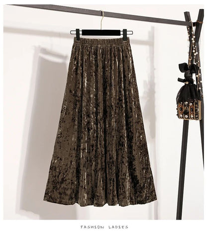 Autumn Winter Girls New A-line Velvet Skirt 2025 Plus Size Gold Velvet Half Pleated Skirt Solid Versatile High Waist Mid Skirt