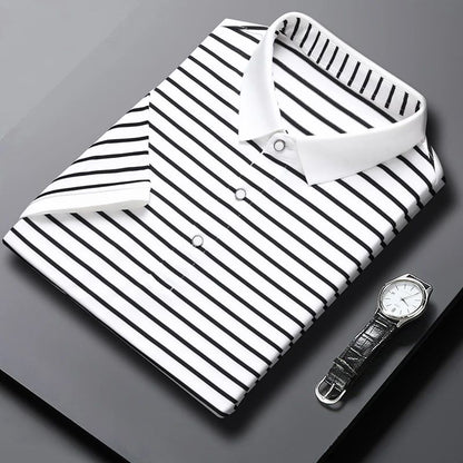 2024 Men's New Striped Cotton Business Casual Short Sleeved POLO Shirt Fashion Short Sleeved Comfortable and Breathable Top