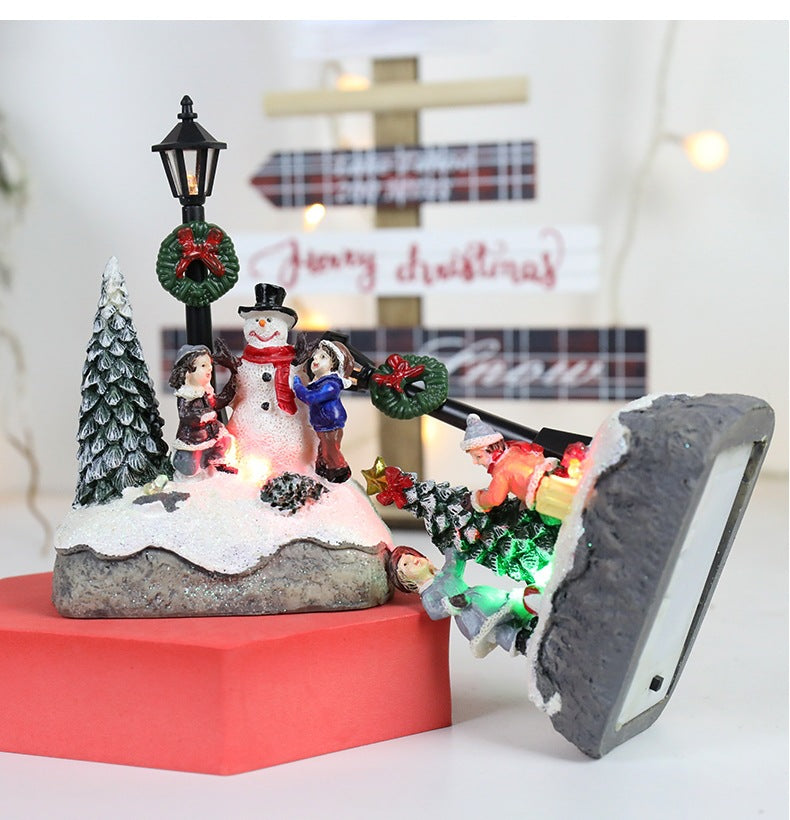 LED Christmas Village Ornaments Microlandscape Resin Figurines Decoration Santa Claus Pine Needles Snow View Holiday Gift